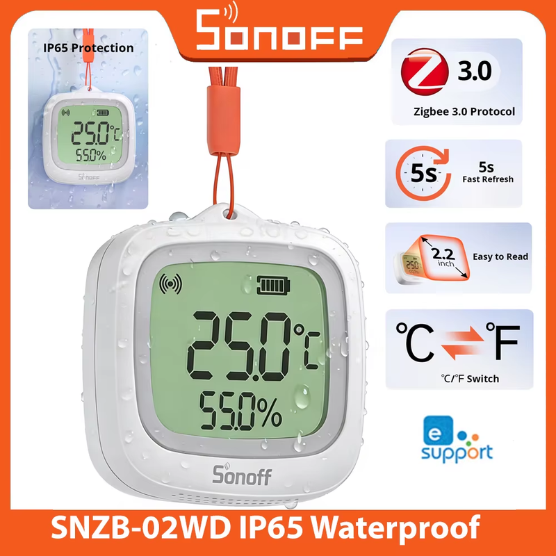 SNZB-02WD Zigbee LCD Smart Temperature Humidity Sensor IP65 Waterproof for Bathr