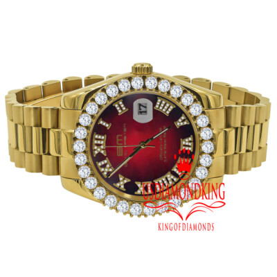 Pre-owned Bling Master Mens Full Steel Red Dial 18k Gold Tone Simulated Diamond Presidential Watch 42mm