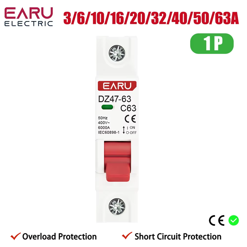1P AC MCB DZ47-63 C Type 230/400V~ 50HZ/60HZ Mini Circuit Breaker 3A 6A 10A 16A