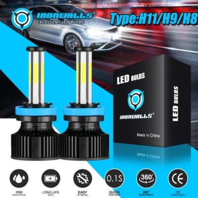6-Sided H11 H9 H8 6500K LED Headlight Bulbs Kit Super Bright White High/Low Beam