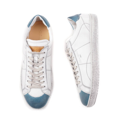 Pre-owned Santoni $710  White And Blue Vintage-look Leather Sneakers Us 6.5 Shoes