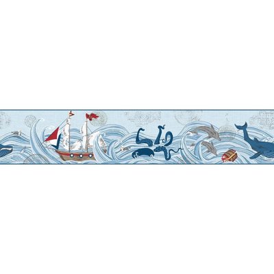 Kids Ships Ahoy Blue Ocean Pirates on Sure Strip Wallpaper Border WK6913BD