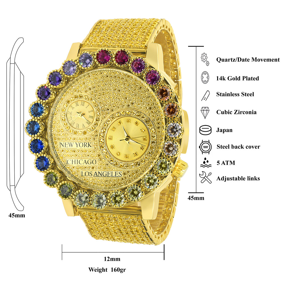 Pre-owned Ice Master Canary Gold Solitaire Diamond Dial 2 Time Zone Chronograph Rainbow Multi Watch