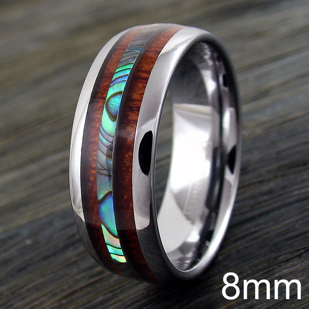 6/8mm Tungsten Men's Hawaiian Koa Wood & Abalone Wedding Band Ring-Engraving TW