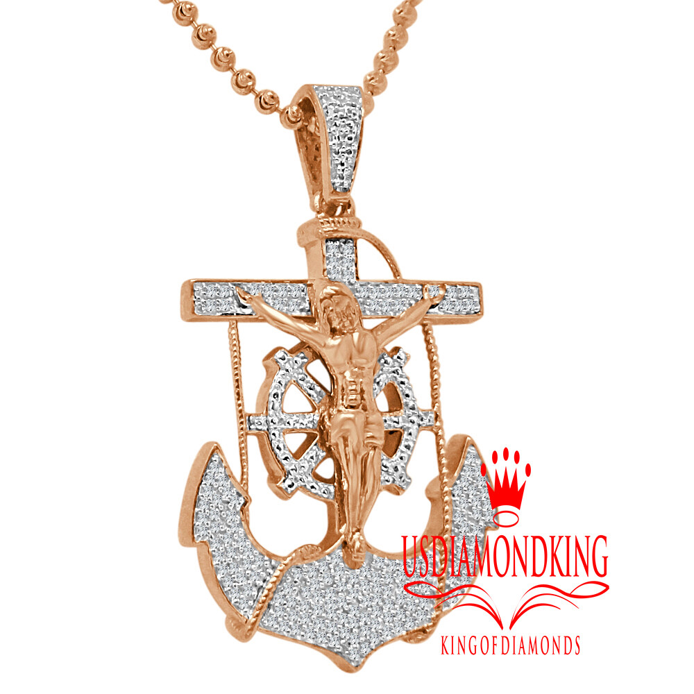 Pre-owned Us Diamond King Real Diamond Jesus Anchor Cross Crucifix Piece Rose Gold Pendant Charm Chain Set In H