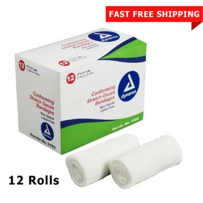 Dynarex Conforming Stretch Gauze Bandage Wraps Roll 3103 Non-Sterile 3'' 12 Rolls