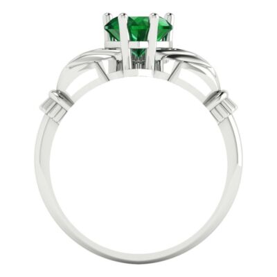 Pre-owned Pucci 1.55 Irish Celtic Claddagh Simulated Emerald Classic Ring Solid 14k White Gold