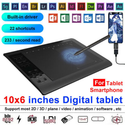 10x6''Digital Electronic Graphic Drawing Tablet with Screen Pen Display 233Points