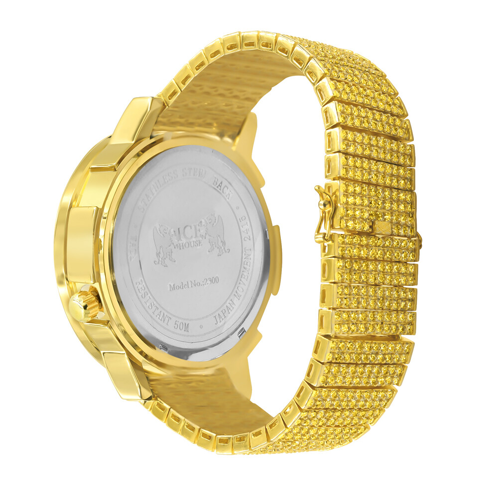 Pre-owned Ice Master Canary Gold Solitaire Diamond Dial 2 Time Zone Chronograph Rainbow Multi Watch
