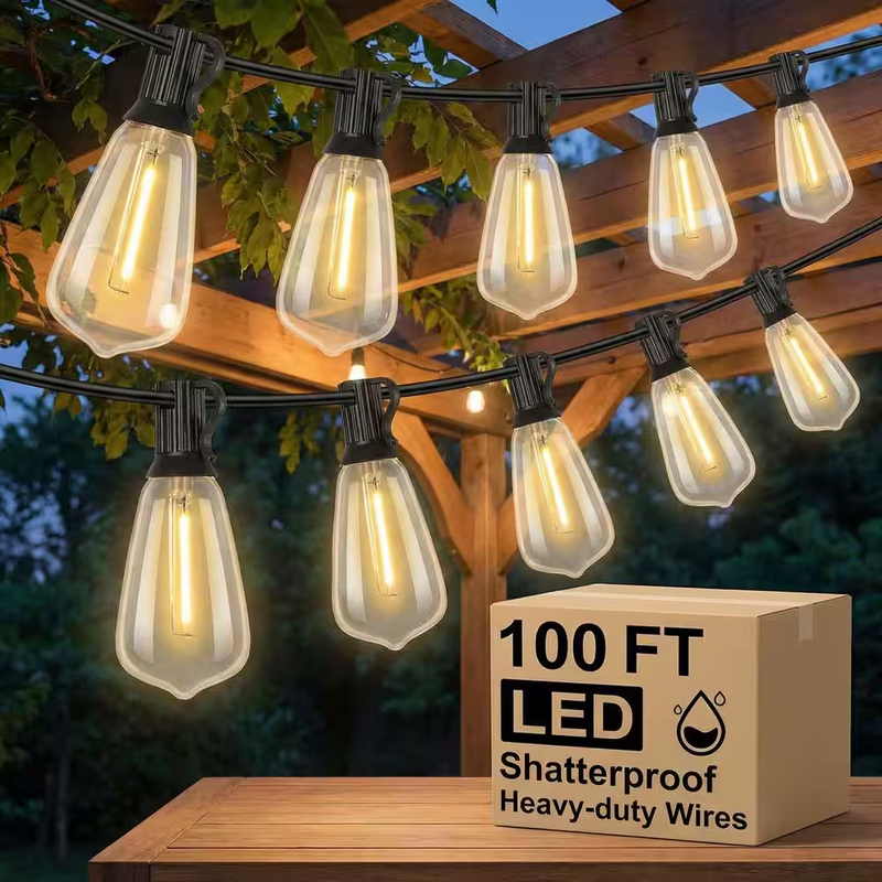 Outdoor LED String Lights 100FT ST38 Edison Patio Garden Waterproof 52 Bulbs
