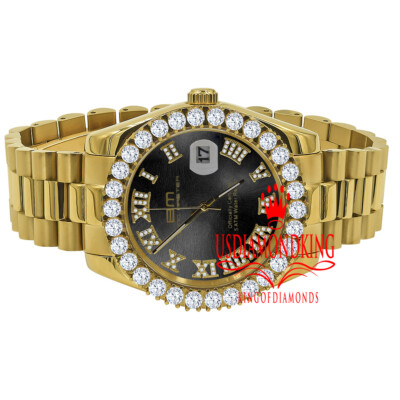Pre-owned Bling Master Mens Solid Steel Black Dial 18k Gold Simulated Diamonds Presidential Watch 42mm