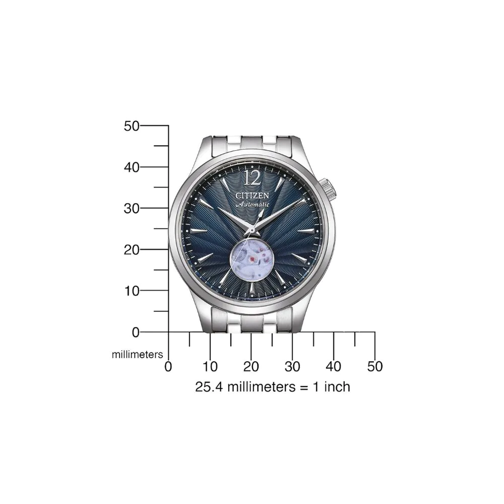 Pre-owned Citizen Automatic Guilloche Blue Dial Nh9131-73l Open Heart Men's Watch