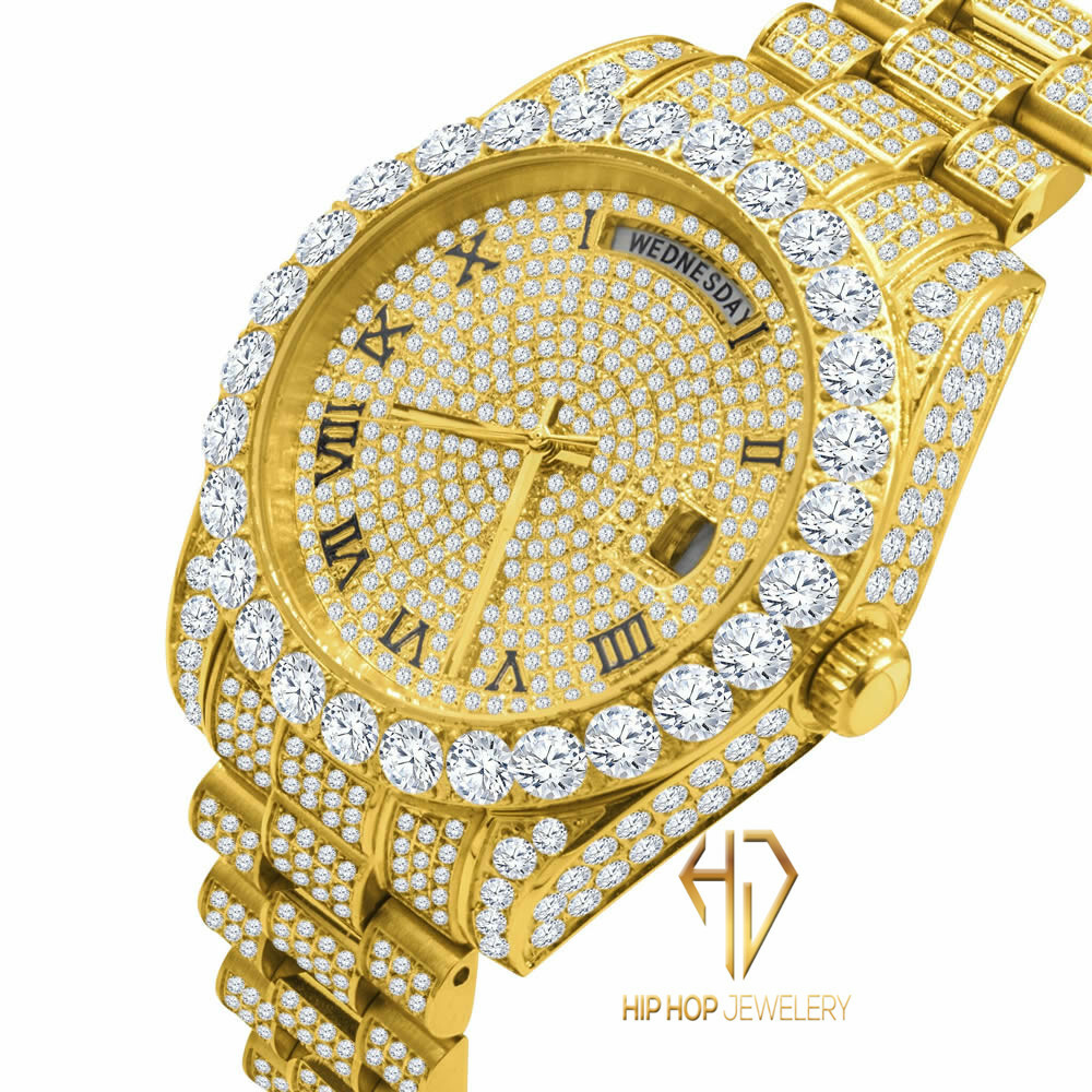 Pre-owned Bling Master 18k Yellow Gold Finish Solid Stainless Steel Day Date Roman Dial Solitaire Bezel