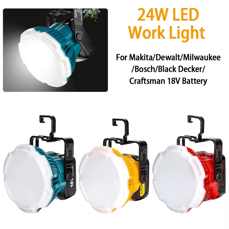 24W 2400LM Portable LED Work Light with Hook For Makita/Bosch/Dewalt/Milwaukee/B
