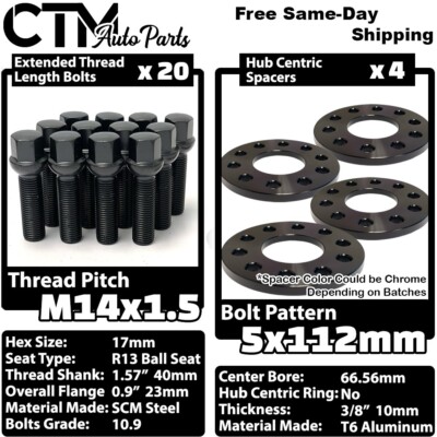 4x 10mm Thick 5x112 66.56mm CB Wheel Spacer w/o Hub Lip Black Bolt Fit Mercedes