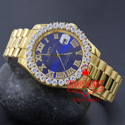 Pre-owned Bling Master Mens Solid Steel Blue Dial 18k Gold Simulated Diamonds Presidential Watch 42mm