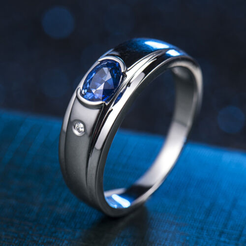 Pre-owned Frankjewelry Solid 14k White Gold Diamond Blue Sapphire Ring Gemstone Men's Jewelry For Male