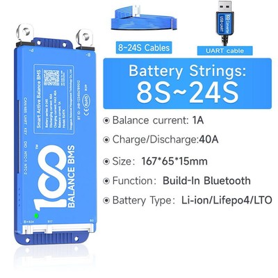 40A-100A 8S-24S Lifepo4/Li-ion/LTO Battery Smart BMS w/Balance Build-In BT +UART