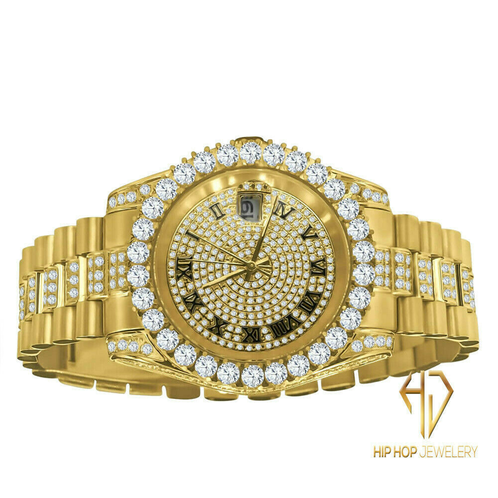 Pre-owned Bling Master 18k Yellow Gold Tone Stainless Steel Simulated Diamonds Presidential Watch 41mm