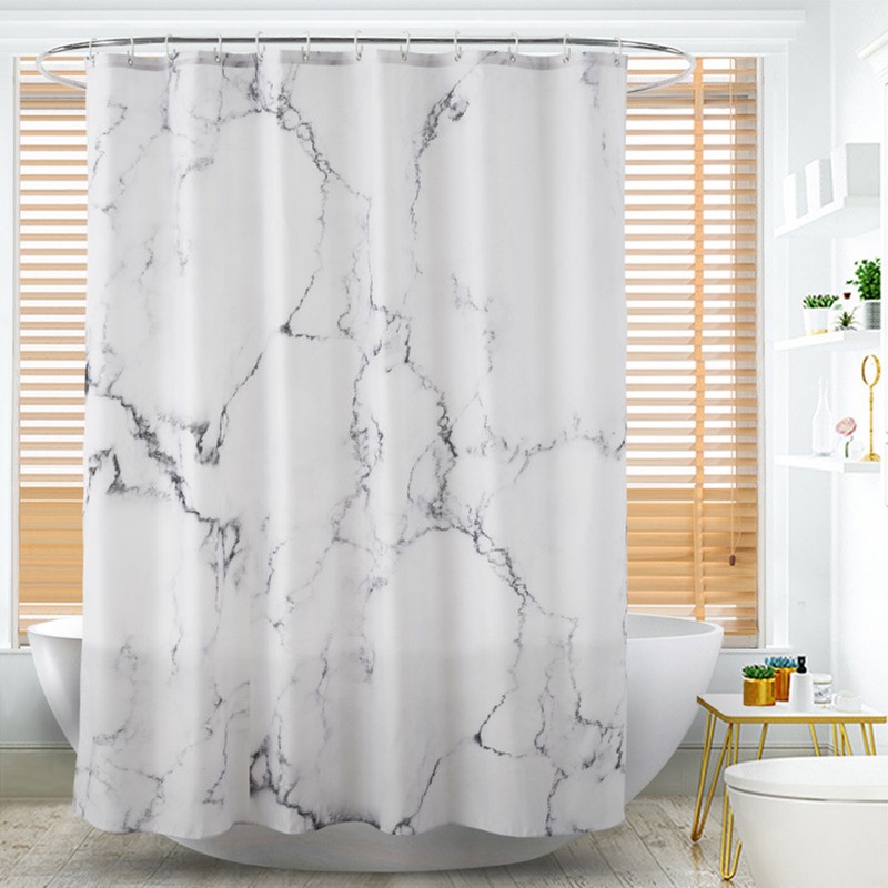 Marble Pattern Fabric Shower Curtain Set 12 Hooks Bathroom