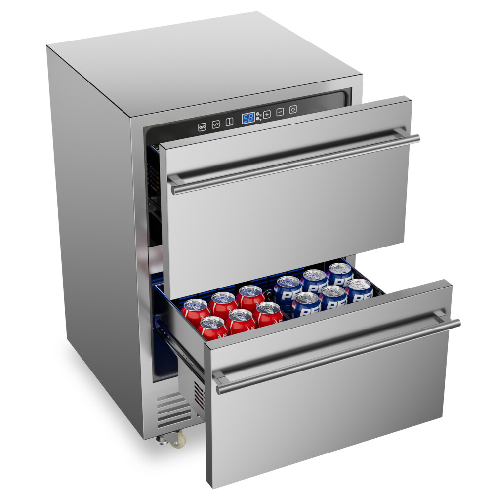 24 Inch Under Counter Beverage Refrigerator, Double Drawer Beverage Fridge