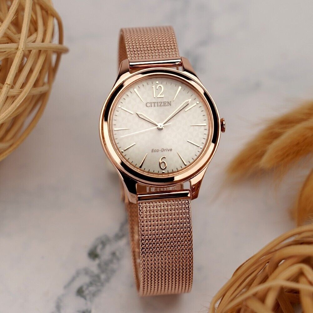 Pre-owned Citizen Eco-drive Em0508-80x Rose Gold Mesh Stainless Steel Ladies Dress Watch