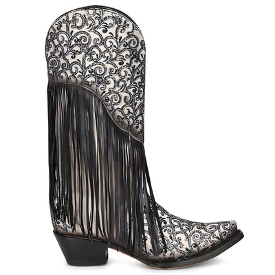 Pre-owned Corral Boots Crater Fringe And Tooledinlay Snip Toe Cowboy Womens Black Casual
