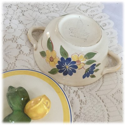 Red Wing China BRITTANY COVERED SOUP BOWL Yellow Rose Blue Flowers Hand Painted