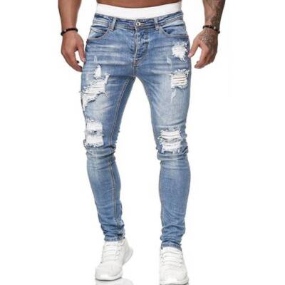   Mens Skinny Ripped Jeans Stretch Denim Distressed Frayed Slim Pants Trouser