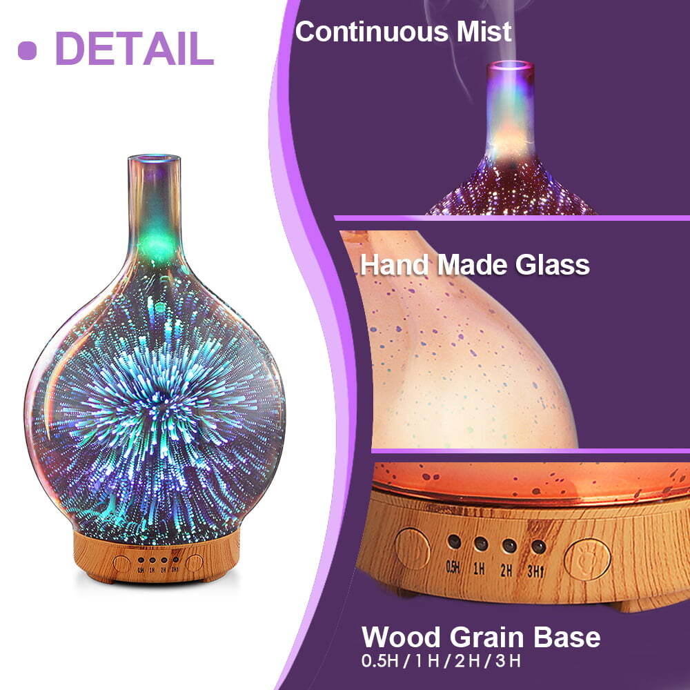 100ml Essential Oil Humidifier 3D Glass Ultrasonic Aroma Waterless Auto-Off