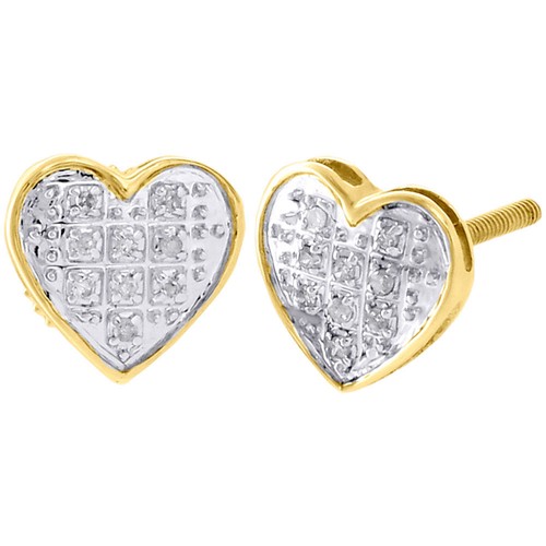 Pre-owned Jfl Diamonds & Timepieces 10k Yellow Gold Diamond Heart Studs Ladies Mini 7.65mm Earrings Pave Set 0.05 Ct In White