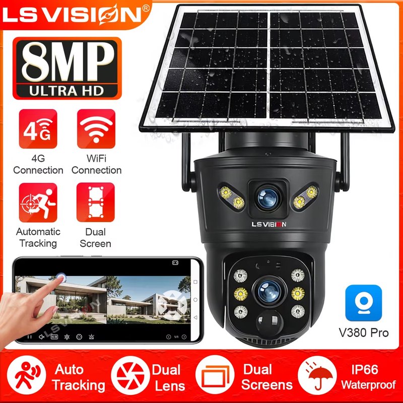 4G/WiFi Outdoor Solar Camera 8MP Dual Lens Wireless Surveillance Cameras PIR Det
