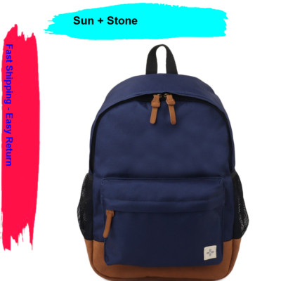 Sun Stone Mens Riley Solid Backpack Bag Navy Blue Tan One Size