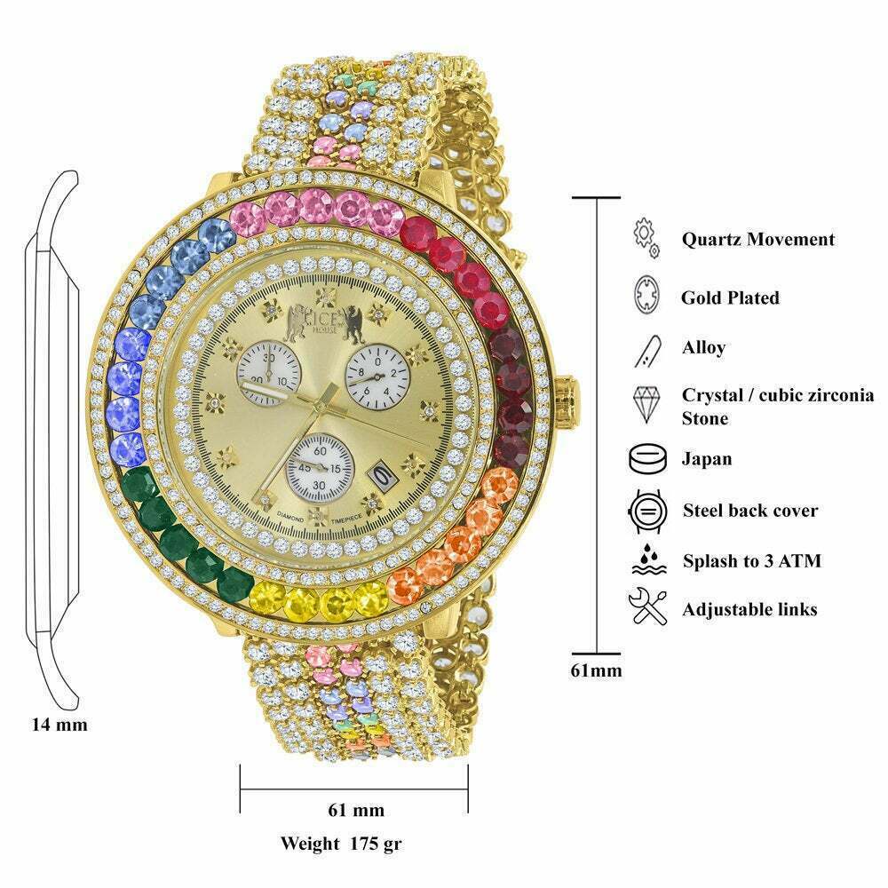 Pre-owned Ice House Real Diamond Gold Finish Rainbow Multi Color Band Removable Bezel Wrist Watch