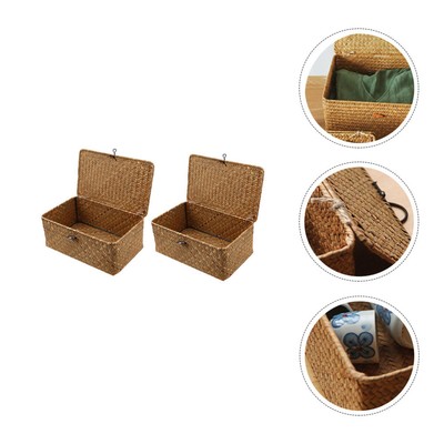  2 Pcs Baskets with Lids Small Storage Bins Seaweed Woven Premium Child