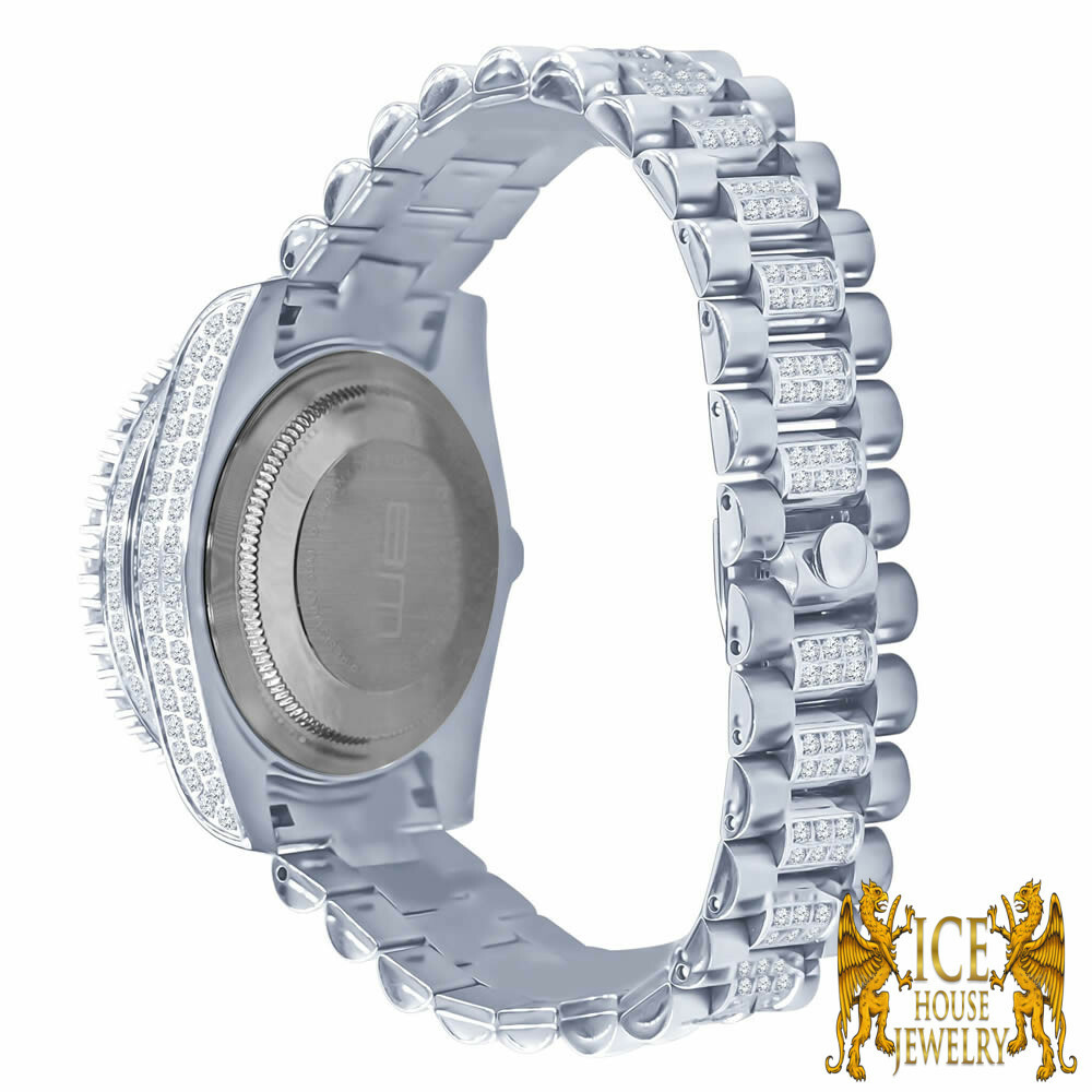 Pre-owned Bling Master 18k White Gold Solid Stainless Steel Simulated Diamonds Presidential Watch 41mm