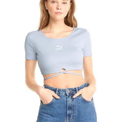 

Puma Classics Ребристая укороченная футболка с круглым вырезом и коротким рукавом женская синяя повседневная футболка, Синий
