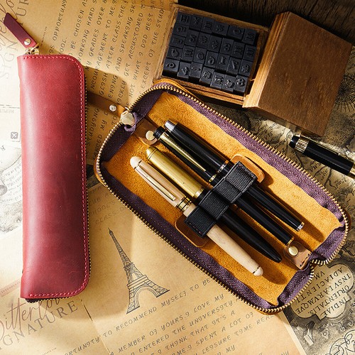 Vintage Genuine Leather Pencil Case Zipper Pen Pouch School Stationery Storage