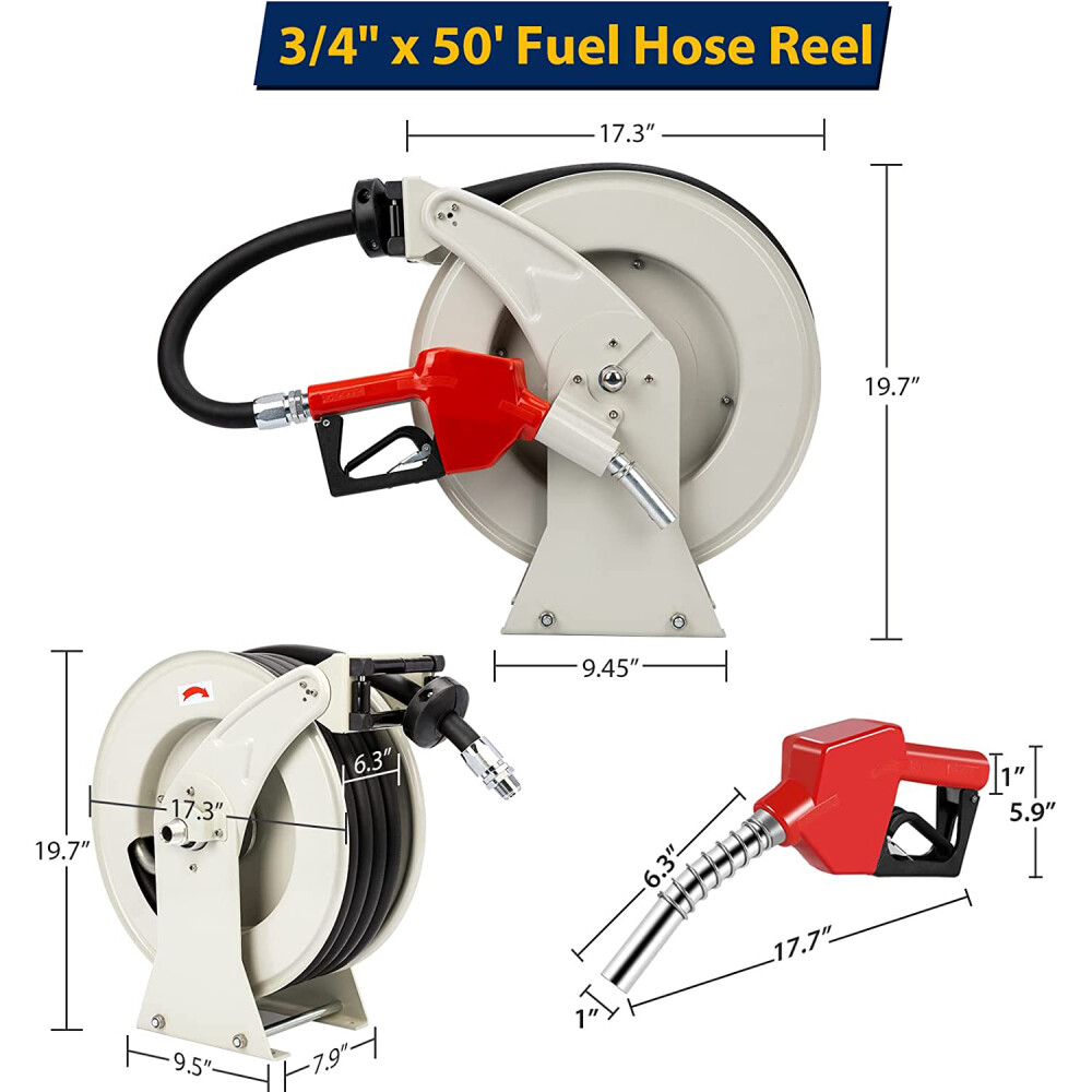 Diesel Fuel Hose Reel Retractable 3/4" x 50' ft 300 PSI Hose Auto Swivel Rewind