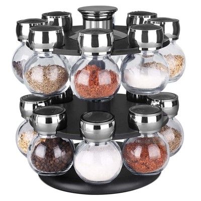 Home Basics 16 Piece Revolving Spice Rack Black Airtight Lid W/ Seasoning Cover