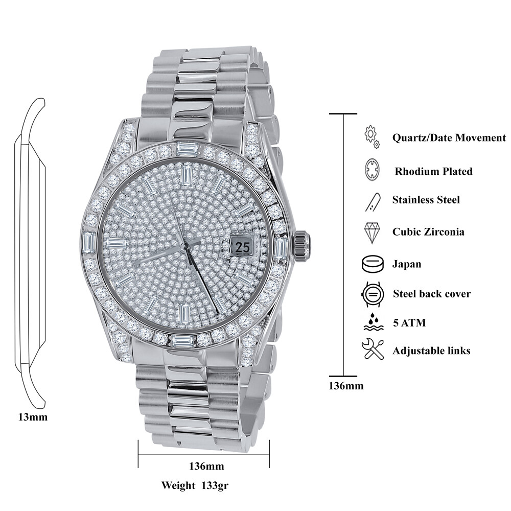 Pre-owned Bling Master - Majesty 18k Solid Steel White Gold Baguette Simulated Diamond Men's President Watch 40mm