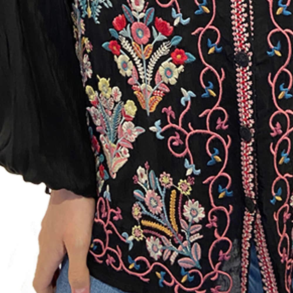 Pre-owned Johnny Was Bertha Blouse Black Top Button Down Shirt Long Sleeve Embroidery