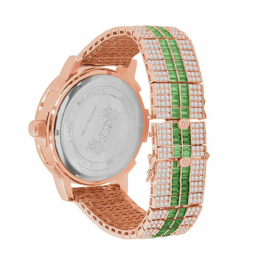 Pre-owned Ice House Rose Gold Real Diamond Dial Stainless Steel Custom Bezel Green Adjustable Watch