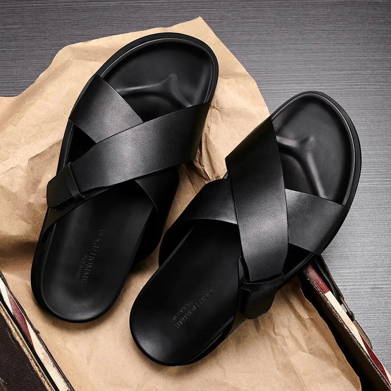 Real Genuine Leather Mens Sandals Summer Handmade Outdoor Business Slippers