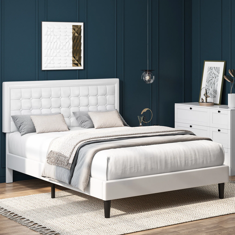 Full Wood Slats Button Tufted Leather Headboard