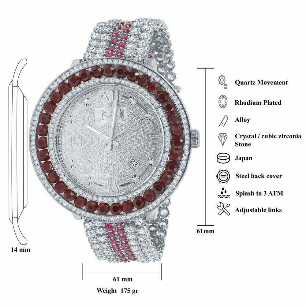 Pre-owned Ice House Men's Ruby Red Watch 14k Gold Finish Genuine Diamond Xxl Dial Khronos Watch