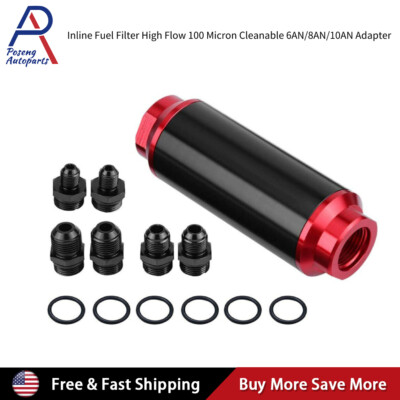 Inline Fuel Filter High Flow 100 Micron Cleanable AN6 AN8 AN10 Adapter Universal