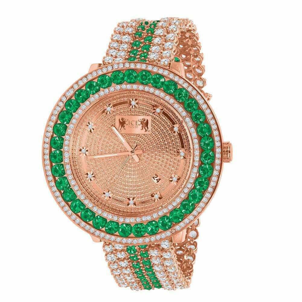 Pre-owned Ice House Green Solitaire Xxl Face Simulated Diamond 18k Rose Gold Tone W/date Watch
