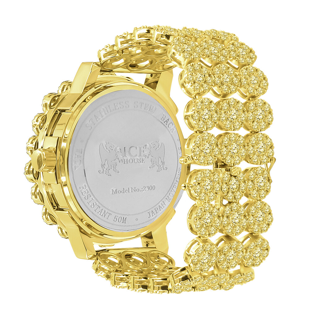 Pre-owned Icy Men's Gold Canary Real Diamonds Roman Dial Flower Band Bezel Gold Tone Watch