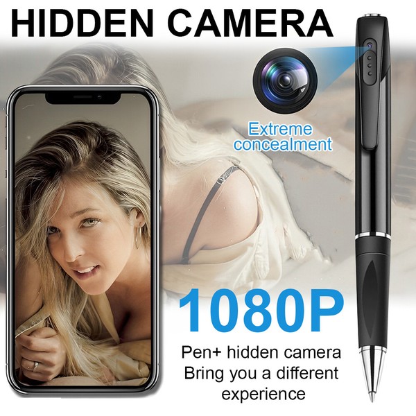 1080P hidden camera pen advertising with feature highlights.